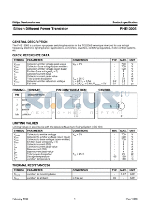 PHE13005 datasheet - Silicon Diffused Power Transistor