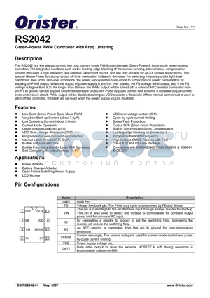RS2042 datasheet - Green-Power PWM Controller with Freq,. Jittering