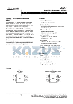 X9317TV8-2.7 datasheet - Low Noise, Low Power, 100 Taps