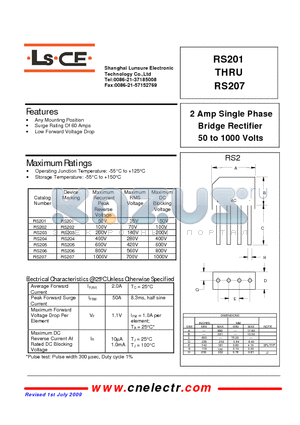 RS205 datasheet - 2Amp single phase bridge rectifier 50to1000 volts