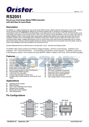 RS2051 datasheet - Novel Low Cost Green-Mode PWM Controller with Soft Start & Mode