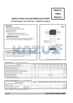 RS205L datasheet - SINGLE-PHASE SILICON BRIDGE RECTIFIER VOLTAGE RANGE 50 to 1000 Volts CURRENT 2.0 Ampere