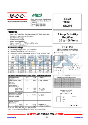 SS22 datasheet - 2 Amp Schottky Rectifier 20 to 100 Volts