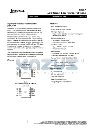 X9317WM8Z datasheet - Digitally Controlled Potentiometer (XDCP)