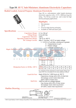 SS220M016ST datasheet - 85 jC Sub-Miniature Aluminum Electrolytic Capacitors