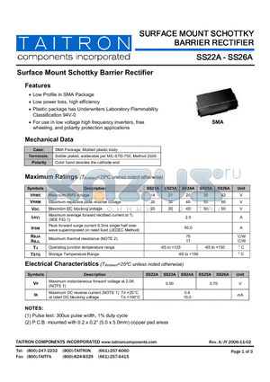 SS22A datasheet - Surface Mount Schottky Barrier Rectifier