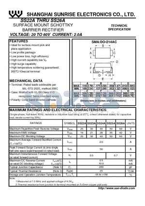 SS22A datasheet - SURFACE MOUNT SCHOTTKY BARRIER RECTIFIER