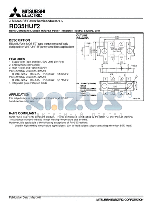 RD35HUF2 datasheet - Silicon MOSFET Power Transistor, 175MHz, 530MHz, 35W