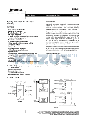 X9318 datasheet - Digitally Controlled Potwntiometer(XSCP)