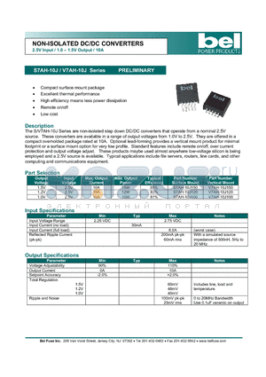 V7AH-10J120 datasheet - NON-ISOLATED DC/DC CONVERTERS 2.5V Input / 1.0 - 1.5V Output / 10A