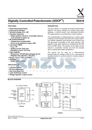 X9319UP8 datasheet - Digitally Controlled Potentiometer (XDCP)