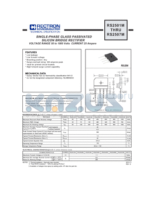 RS2501M_12 datasheet - SINGLE-PHASE GLASS PASSIVATED SILICON BRIDGE RECTIFIERV VOLTAGE RANGE 50 to 1000 Volts CURRENT 25 Ampere