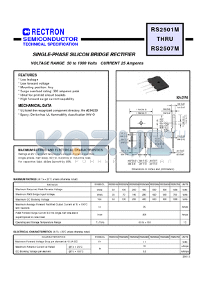 RS2502M datasheet - SINGLE-PHASE SILICON BRIDGE RECTIFIER (VOLTAGE RANGE 50 to 1000 Volts CURRENT 25 Amperes)