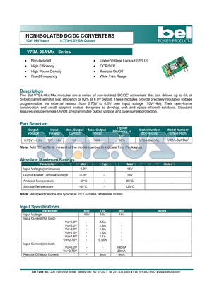 V7BA-06A1AX datasheet - NON-ISOLATED DC/DC CONVERTERS 10V-14V Input 0.75V-6.0V/6A Output