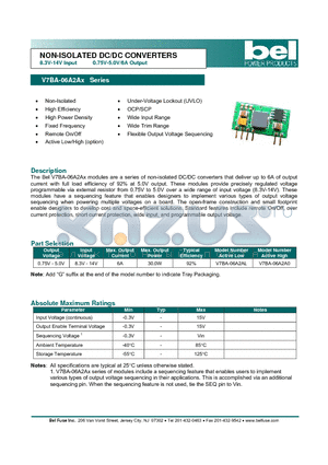 V7BA-06A2A0 datasheet - NON-ISOLATED DC/DC CONVERTERS 8.3V-14V Input 0.75V-5.0V/6A Output