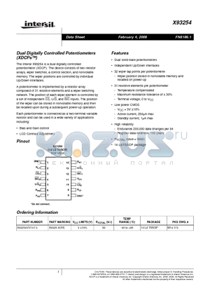 X93254UV141-3 datasheet - Dual Digitally Controlled Potentiometers(XDCPs)