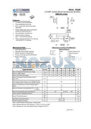 RS2A datasheet - 2.0 AMP. Surface Mount Fast Recovery Rectifiers