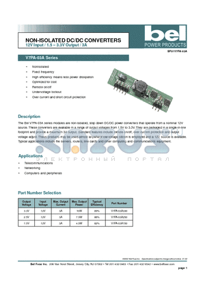 V7PA-03A250 datasheet - NON-ISOLATED DC/DC CONVERTERS 12V Input / 1.5 - 3.3V Output / 3A