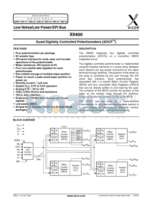 X9400 datasheet - Quad Digitally Controlled Potentiometers (XDCP)