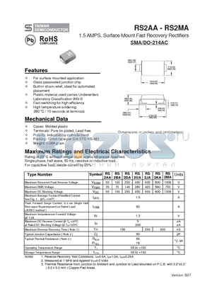 RS2AA datasheet - 1.5 AMPS. Surface Mount Fast Recovery Rectifiers