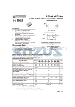 RS2AA datasheet - 1.5 AMPS. Surface Mount Fast Recovery Rectifiers