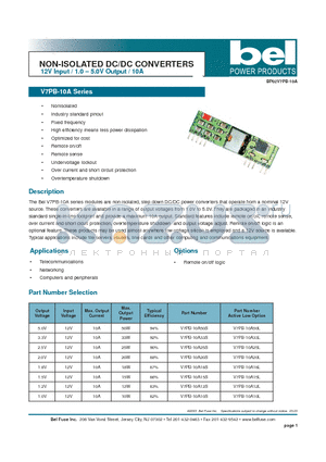 V7PB-10A15L datasheet - NON-ISOLATED DC/DC CONVERTERS 12V Input / 1.0 - 5.0V Output / 10A