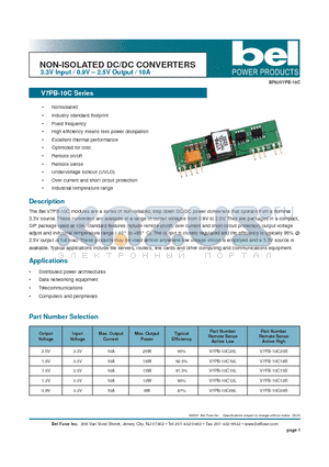 V7PB-10C09L datasheet - NON-ISOLATED DC/DC CONVERTERS 3.3V Input / 0.9V - 2.5V Output / 10A