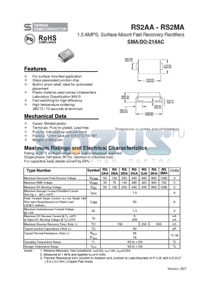 RS2BA datasheet - 1.5 AMPS. Surface Mount Fast Recovery Rectifiers