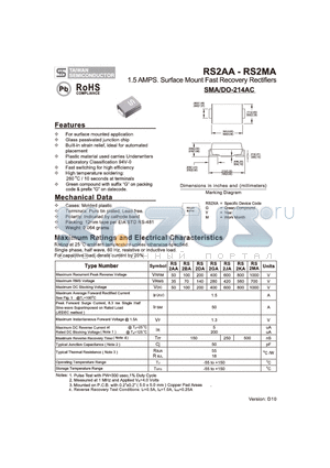 RS2BA datasheet - 1.5 AMPS. Surface Mount Fast Recovery Rectifiers