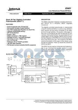 X9401 datasheet - Low Noise/Low Power/SPI Bus