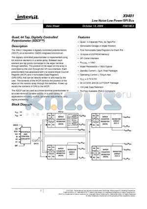 X9401 datasheet - Quad, 64 Tap, Digitally Controlled Potentiometer (XDCP)