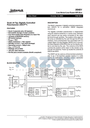 X9401WS24I-2.7 datasheet - Quad, 64 Tap, Digitally Controlled Potentiometer