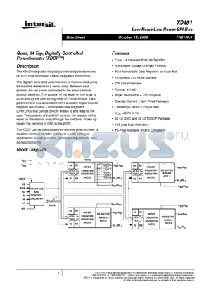 X9401WS24I-2.7 datasheet - Quad, 64 Tap, Digitally Controlled Potentiometer (XDCP)