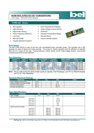 V7PB-15C09L datasheet - NON-ISOLATED DC/DC CONVERTERS 3.3 V Input 0.9 V-2.5 V/15 A Output