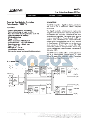 X9401WS24IZ datasheet - Quad, 64 Tap, Digitally Controlled Potentiometer
