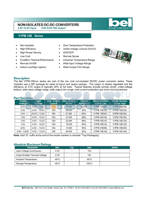 V7PB-15E09L datasheet - NON-ISOLATED DC/DC CONVERTERS 4.5V-13.2V Input 0.9V-5.0V/15A Output