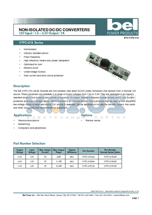 V7PC-07A150 datasheet - NON-ISOLATED DC/DC CONVERTERS 12V Input / 1.5 - 3.3V Output / 7A