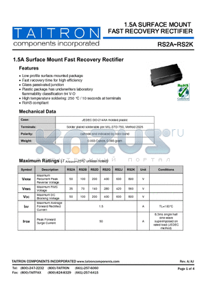 RS2J datasheet - 1.5A Surface Mount Fast Recovery Rectifier