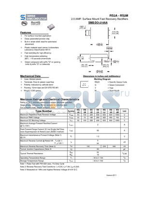 RS2J datasheet - 2.0 AMP. Surface Mount Fast Recovery Rectifiers