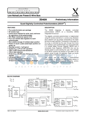 X9409 datasheet - Quad Digitally Controlled Potentiometers