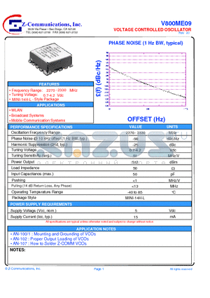 V800ME09 datasheet - LOW COST - HIGH PERFORMANCE VOLTAGE CONTROLLED OSCILLATOR