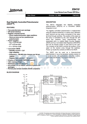 X9410 datasheet - Dual Digitally Controlled Potentiometer
