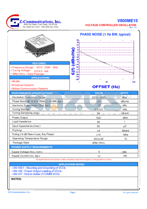 V800ME15 datasheet - LOW COST - HIGH PERFORMANCE VOLTAGE CONTROLLED OSCILLATOR