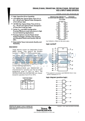 SN54AS1804 datasheet - HEX 2-INPUT NAND DRIVERS