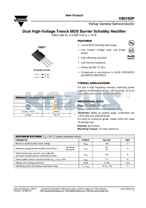V80100P-E3/45 datasheet - Dual High-Voltage Trench MOS Barrier Schottky Rectifier Ultra Low VF = 0.425 V at IF = 10 A
