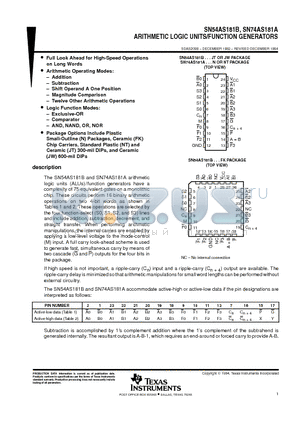 SN54AS181BJW datasheet - ARITHMETIC LOGIC UNITS/FUNCTION GENERATORS