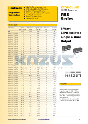 RS3-1212SH3 datasheet - 3 Watt SIP8 Isolated Single & Dual Output