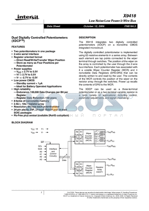 X9418WS24I-2.7 datasheet - Dual Digitally Controlled Potentiometers