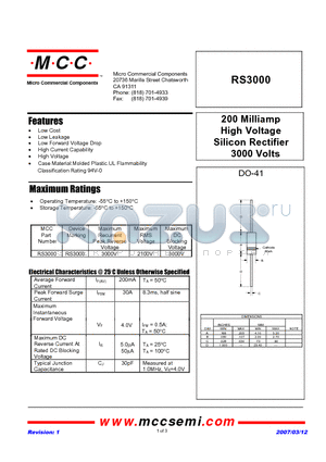 RS3000 datasheet - 200 Milliamp High Voltage Silicon Rectifier 3000 Volts