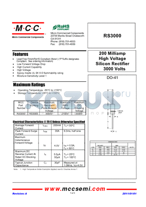 RS3000 datasheet - 200 Milliamp High Voltage Silicon Rectifier 3000 Volts